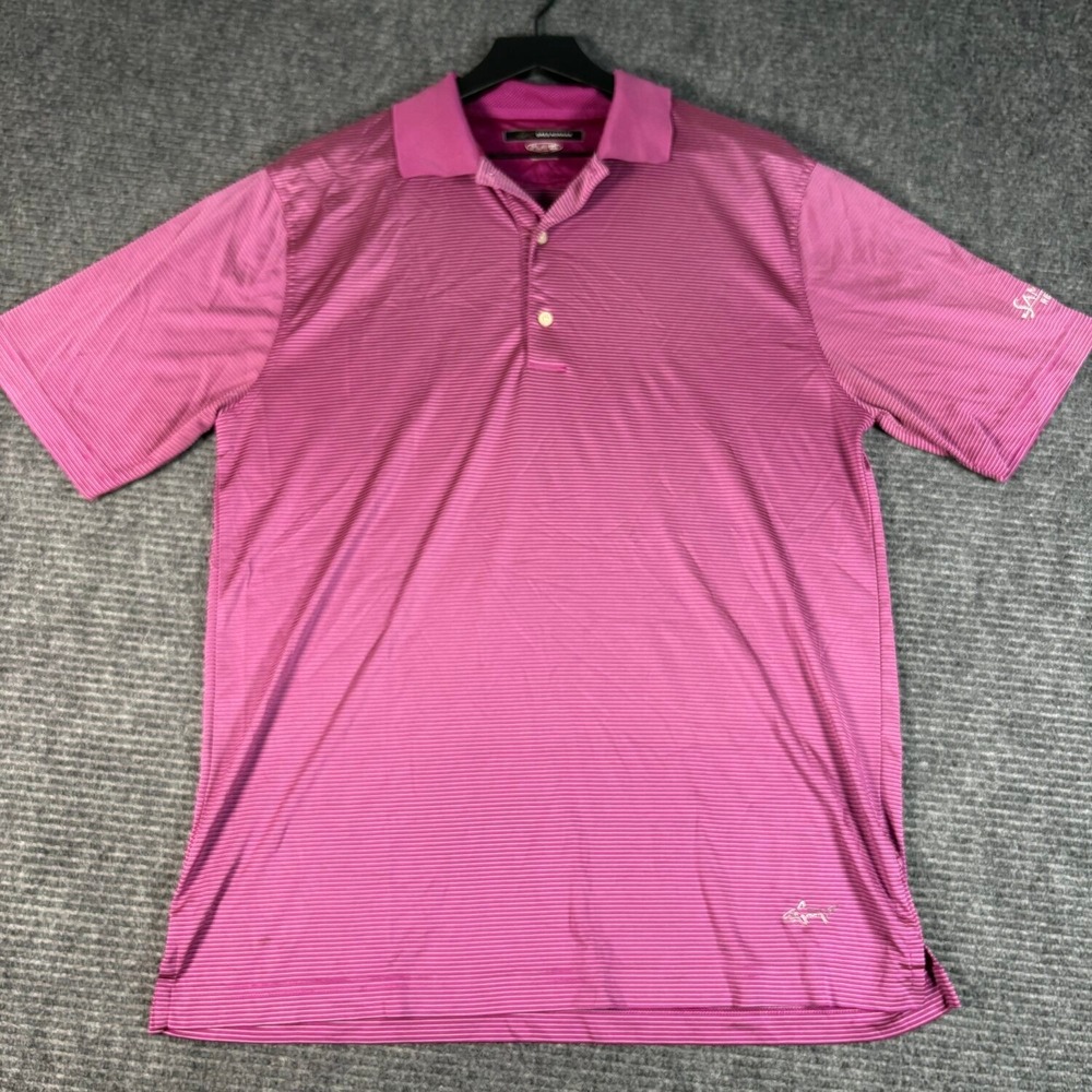 Greg Norman Polo Shirt Mens Medium Pink Excellent Play Dry Striped Samoset